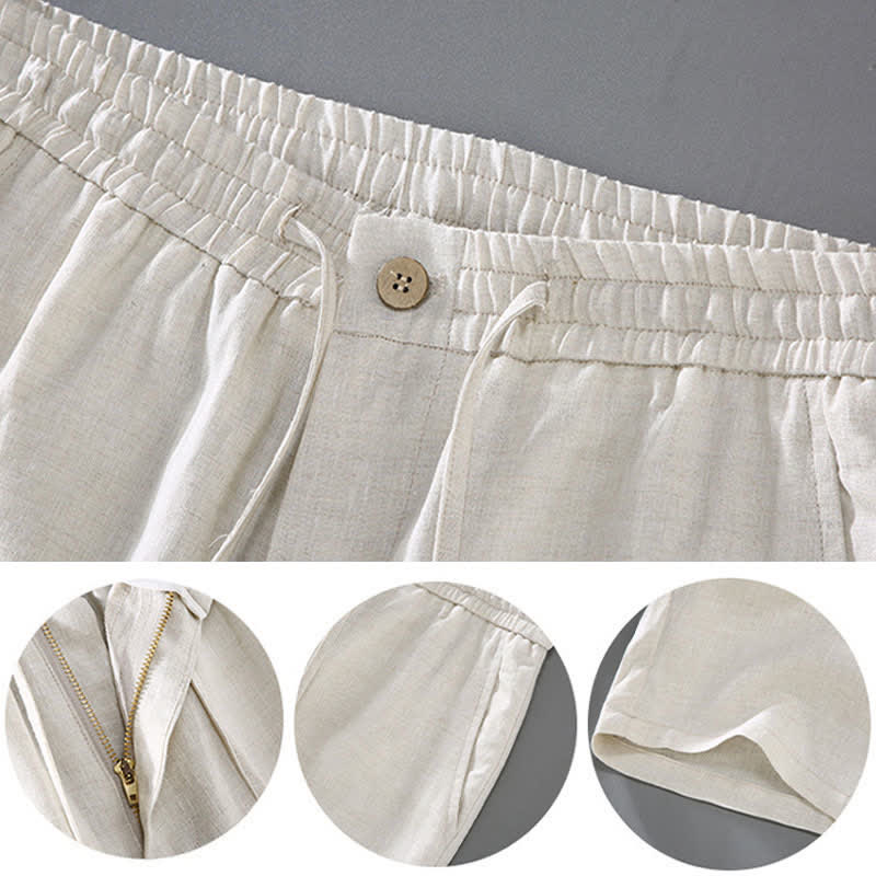 Buddha Stones 夏用マンダリンカラーボタンアップ無地リネン半袖シャツショーツメンズ瞑想服ポケット付き2点セット - image 1