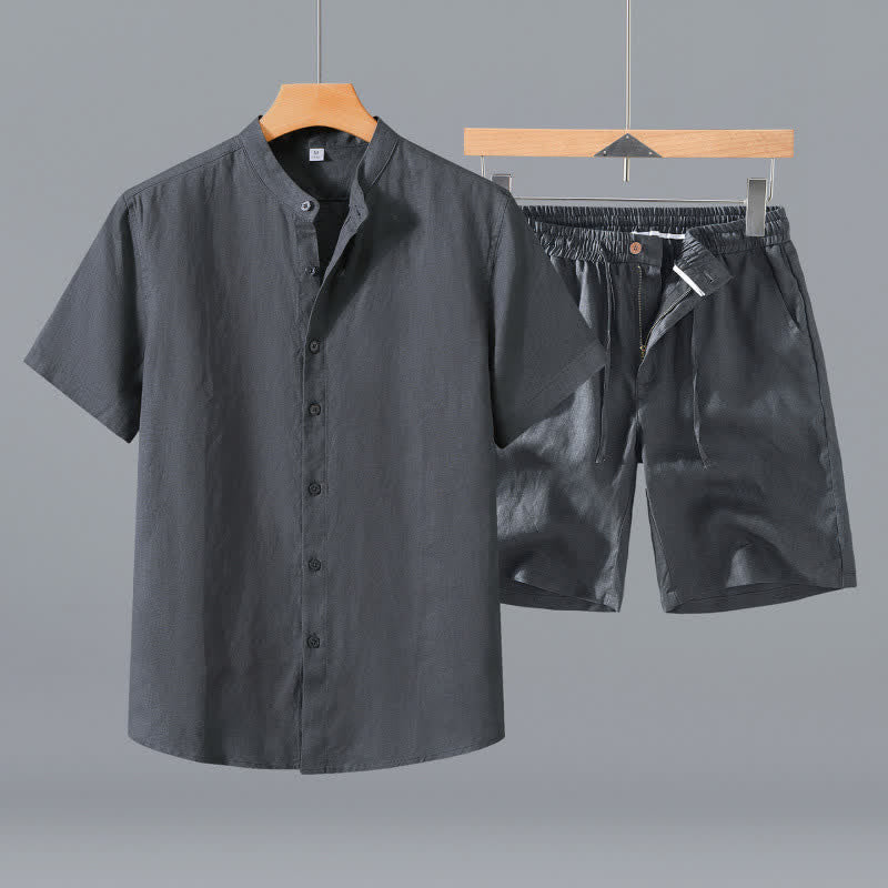 Buddha Stones 夏用マンダリンカラーボタンアップ無地リネン半袖シャツショーツメンズ瞑想服ポケット付き2点セット - グレーのシャツ＋ショートパンツ - US/UK/AU42、 EU52 (3XL) - image 9