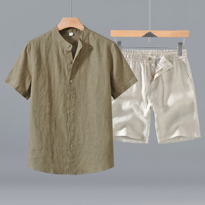 Buddha Stones 夏用マンダリンカラーボタンアップ無地リネン半袖シャツショーツメンズ瞑想服ポケット付き2点セット - ダークカーキのシャツ＋ベージュのショートパンツ - US/UK/AU42、 EU52 (3XL) - image 0