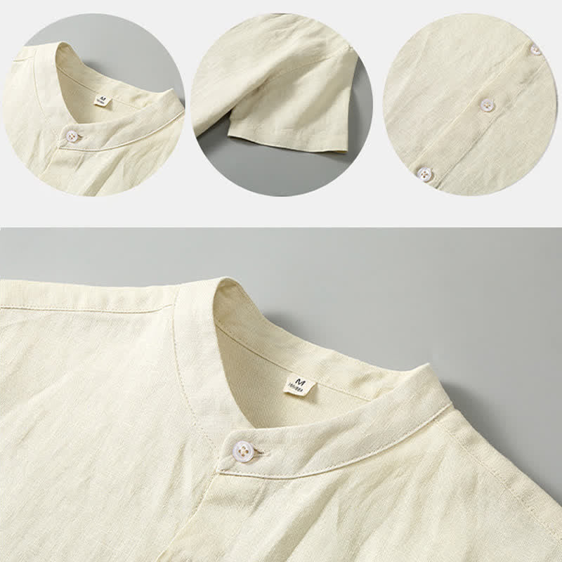 Buddha Stones 夏用マンダリンカラーボタンアップ無地リネン半袖シャツショーツメンズ瞑想服ポケット付き2点セット - image 12