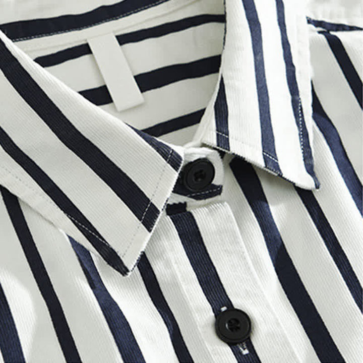 Buddha Stones 春のカジュアルクラシックなボタンアップストライプ柄メンズ長袖シャツ（ポケット付き） - image 3
