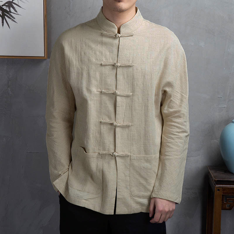 Buddha Stones無地カジュアルカエルボタンメンズシャツ - リネン - US/UK/AU44、EU54（5XL） - image 0