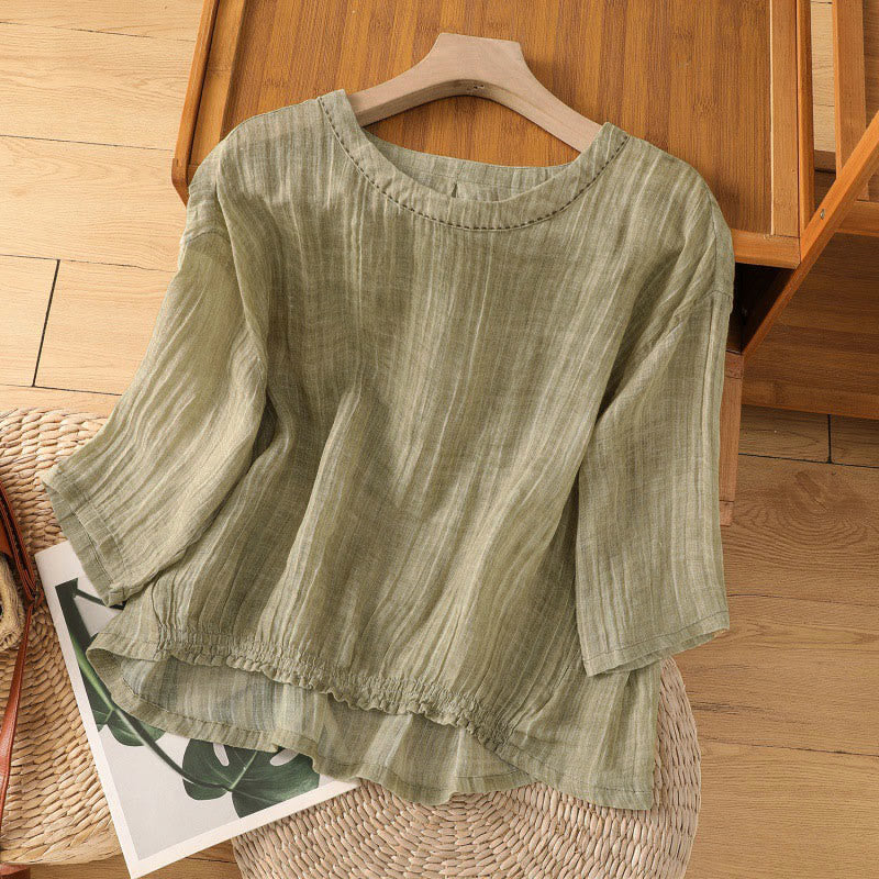 Buddha Stonesカジュアル サマー 無地 クルーネック レディース 七分袖 Tシャツ - ダークカーキ - US12、 UK/AU16、 EU44 (2XL) - image 0