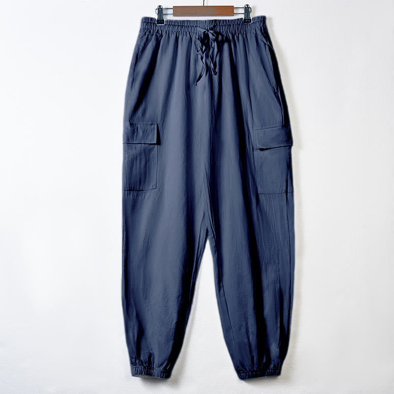 Buddha Stones無地リネン ドローストリング メンズ カーゴパンツ ポケット付き - スチールブルー - US/UK/AU46、 EU56 (3XL) - image 28
