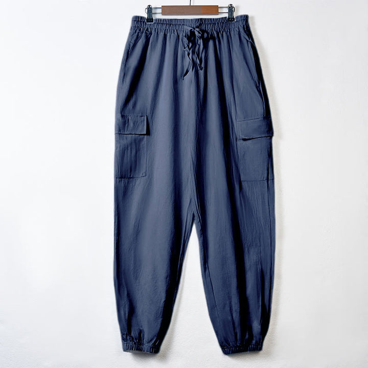 Buddha Stones無地リネン ドローストリング メンズ カーゴパンツ ポケット付き - スチールブルー - US/UK/AU46、 EU56 (3XL) - image 28