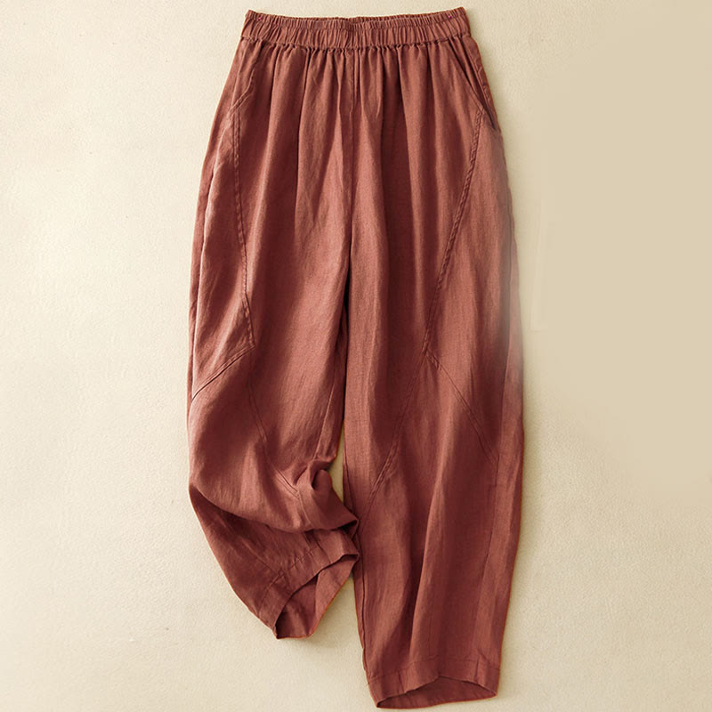 Buddha Stonesカジュアル 無地 クロップドパンツ レディース リネン ハーレムパンツ ポケット付き - マルーン - US8-10，UK/AU12-14，EU40-42 (2XL) - image 15