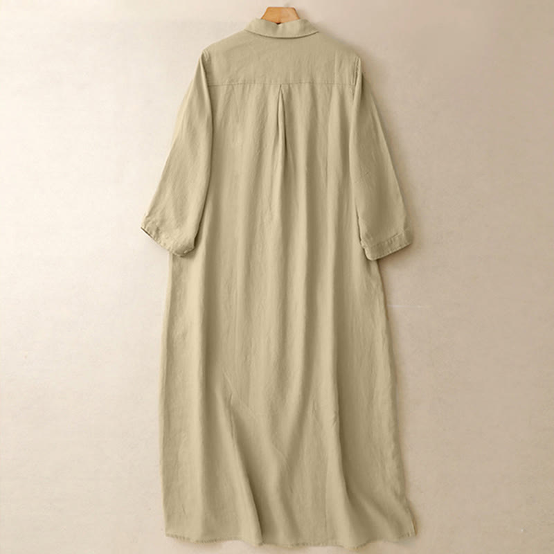 Buddha Stones秋の通勤用 無地ボタンデザイン 長袖 膝丈 ポケット付きワンピース - image 10
