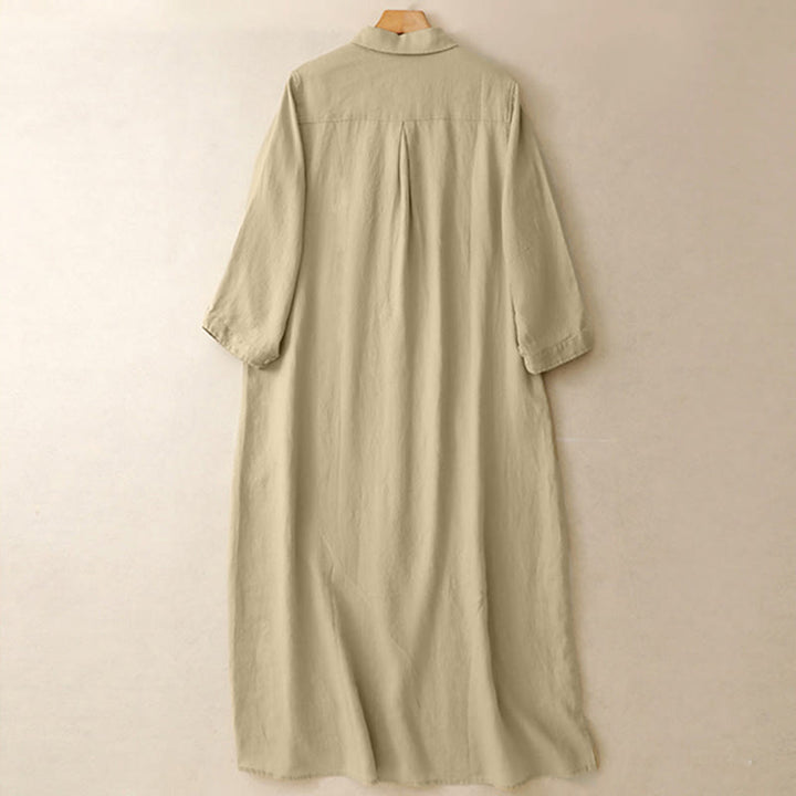 Buddha Stones秋の通勤用 無地ボタンデザイン 長袖 膝丈 ポケット付きワンピース - image 10