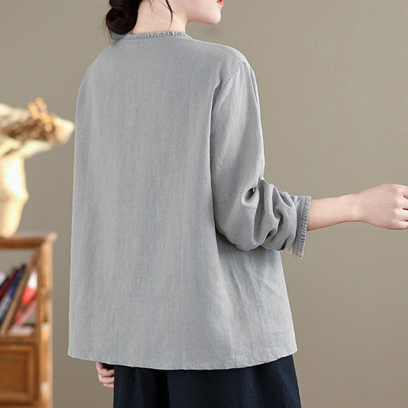 Buddha Stones春らしい無地ボタンデザイン フリル付きクルーネック レディースシャツ - image 8