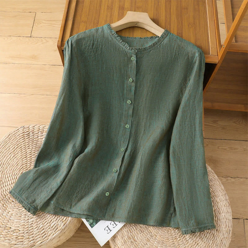 Buddha Stones春らしい無地ボタンデザイン フリル付きクルーネック レディースシャツ - シーグリーン - US14、 UK/AU18、 EU46 (2XL) - image 0