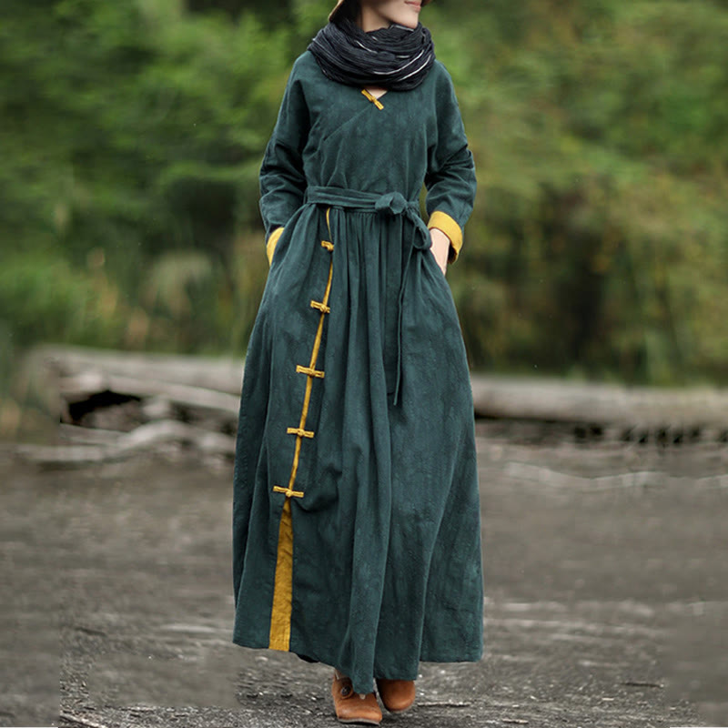 Buddha Stonesカエルボタン付き無地Vネック長袖コットンミディドレス（ポケット付き） - image 2