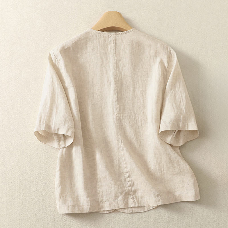 Buddha Stones夏用 無地 Vネック ボタン シンプルデザイン レディース 半袖シャツ - image 5