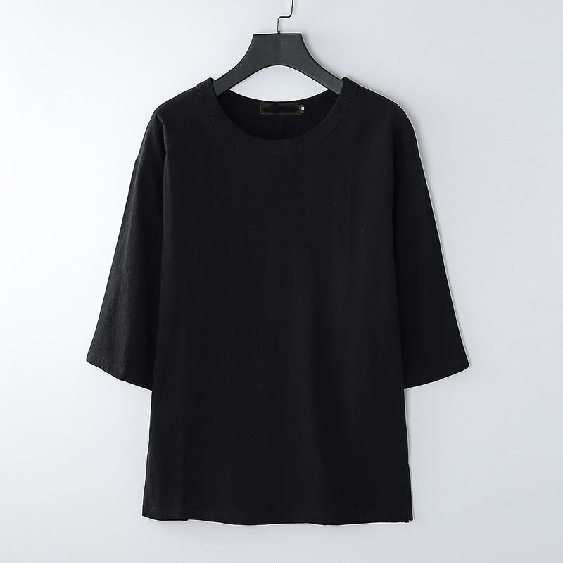 Buddha Stones夏用 カジュアル クルーネック メンズ 肘丈袖 コットンリネン Tシャツ - 黒 - US/UK/AU54、 EU64 (9XL) - image 7