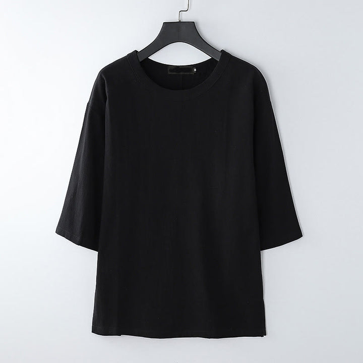 Buddha Stones夏用 カジュアル クルーネック メンズ 肘丈袖 コットンリネン Tシャツ - 黒 - US/UK/AU54、 EU64 (9XL) - image 7