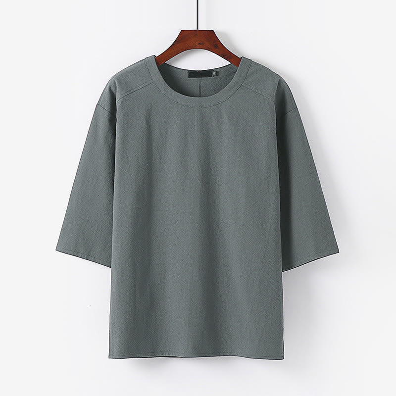 Buddha Stones夏用 カジュアル クルーネック メンズ 肘丈袖 コットンリネン Tシャツ - グレー - US/UK/AU54、 EU64 (9XL) - image 6