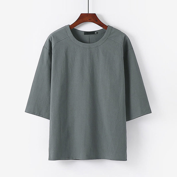 Buddha Stones夏用 カジュアル クルーネック メンズ 肘丈袖 コットンリネン Tシャツ - グレー - US/UK/AU54、 EU64 (9XL) - image 6