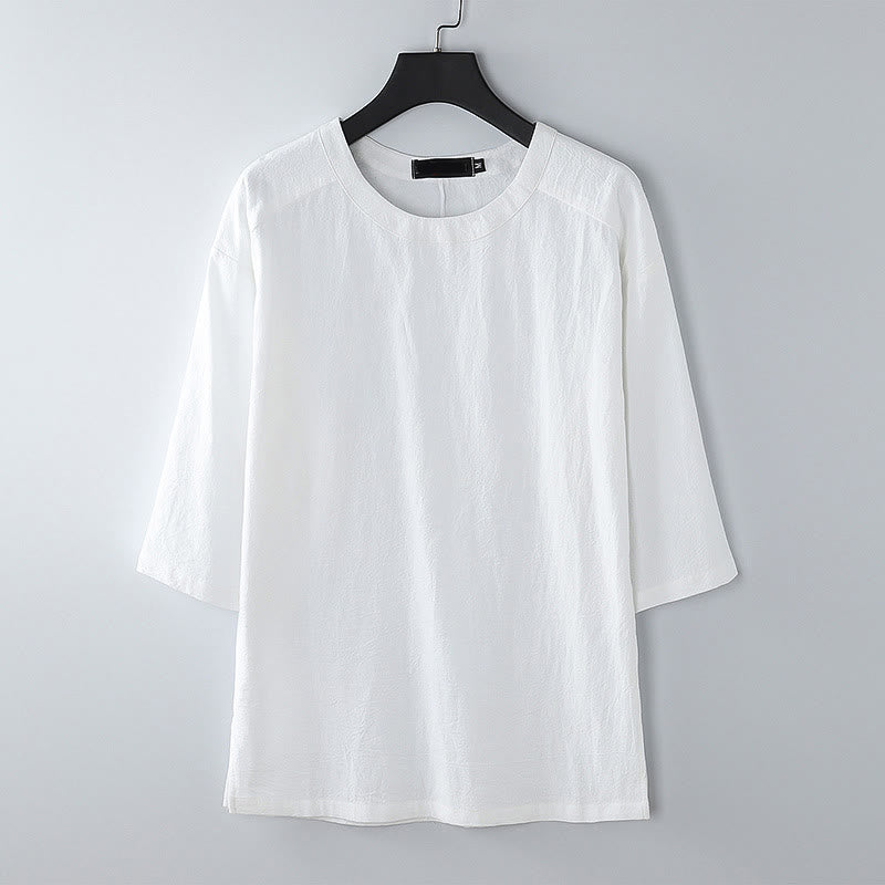 Buddha Stones夏用 カジュアル クルーネック メンズ 肘丈袖 コットンリネン Tシャツ - 白 - US/UK/AU54、 EU64 (9XL) - image 9