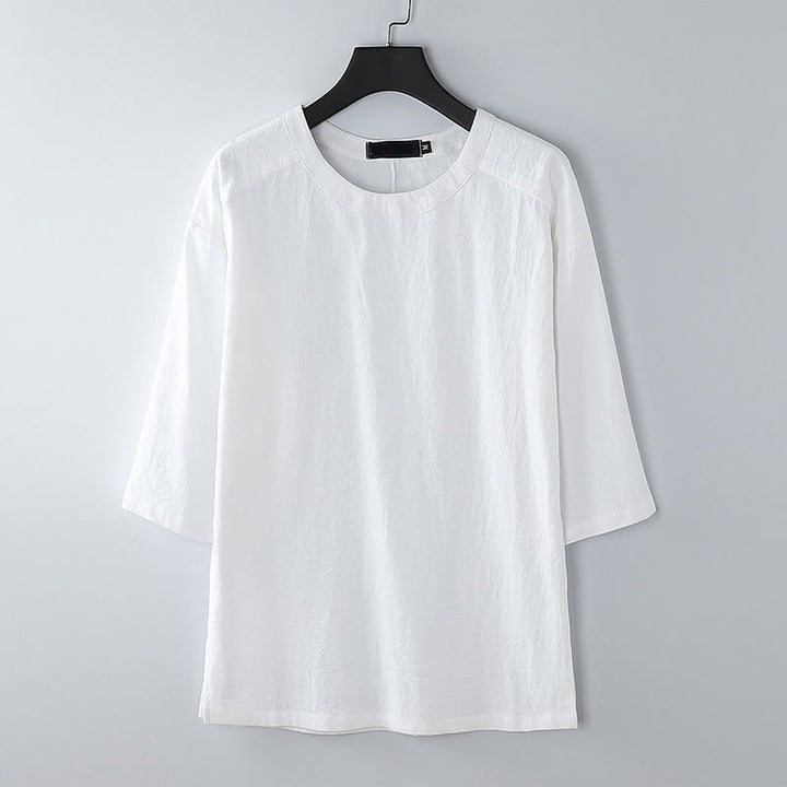 Buddha Stones夏用 カジュアル クルーネック メンズ 肘丈袖 コットンリネン Tシャツ - 白 - US/UK/AU54、 EU64 (9XL) - image 9