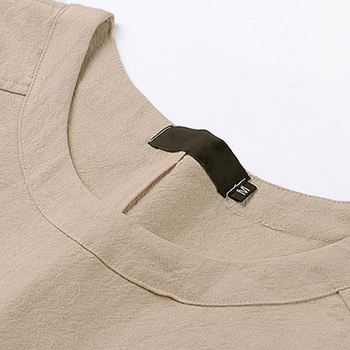 Buddha Stones夏用 カジュアル クルーネック メンズ 肘丈袖 コットンリネン Tシャツ - image 2