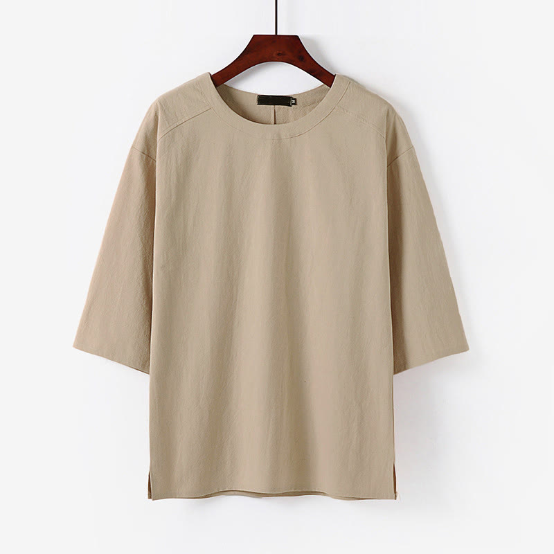Buddha Stones夏用 カジュアル クルーネック メンズ 肘丈袖 コットンリネン Tシャツ - ビスク - US/UK/AU54、 EU64 (9XL) - image 0