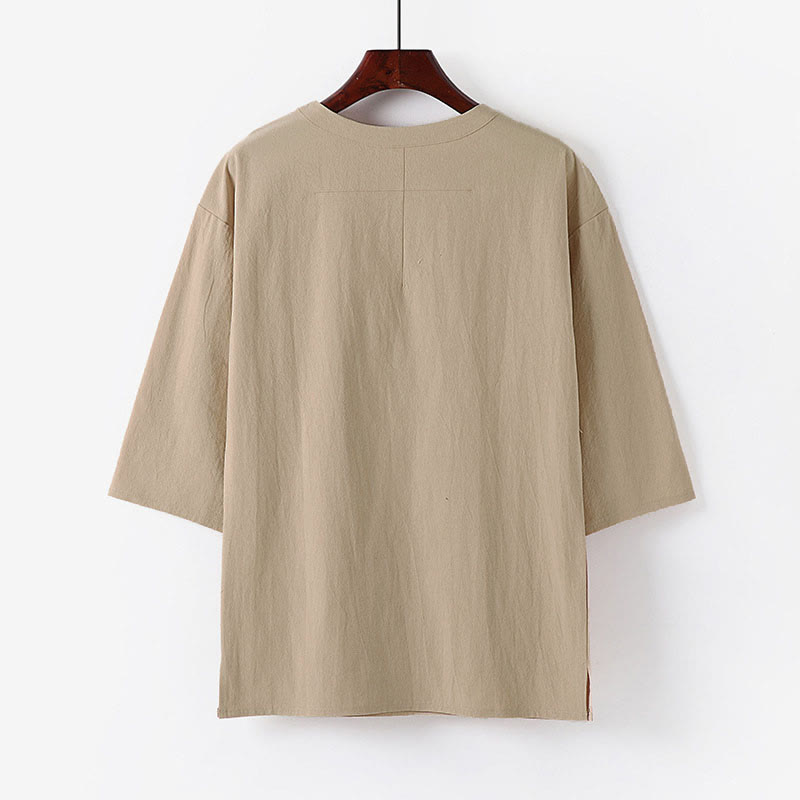 Buddha Stones夏用 カジュアル クルーネック メンズ 肘丈袖 コットンリネン Tシャツ - image 1