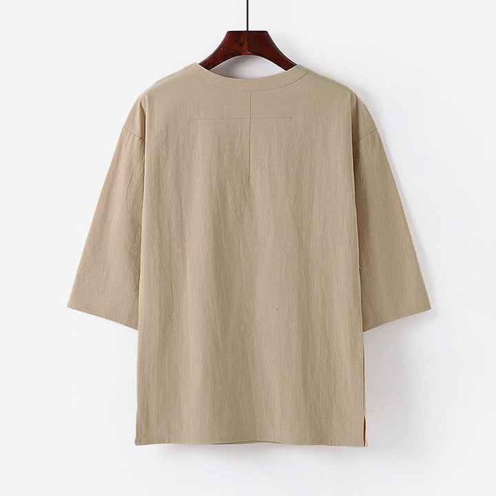 Buddha Stones夏用 カジュアル クルーネック メンズ 肘丈袖 コットンリネン Tシャツ - image 1
