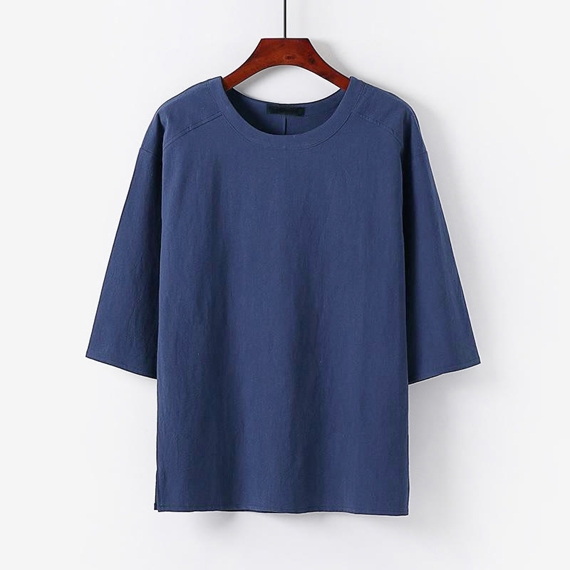 Buddha Stones夏用 カジュアル クルーネック メンズ 肘丈袖 コットンリネン Tシャツ - スチールブルー - US/UK/AU54、 EU64 (9XL) - image 8