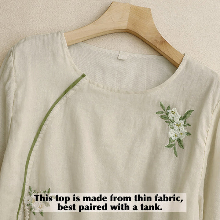 Buddha Stonesベージュ花柄グリーンリーフ刺繍クルーネック七分袖レディースシャツ - image 2