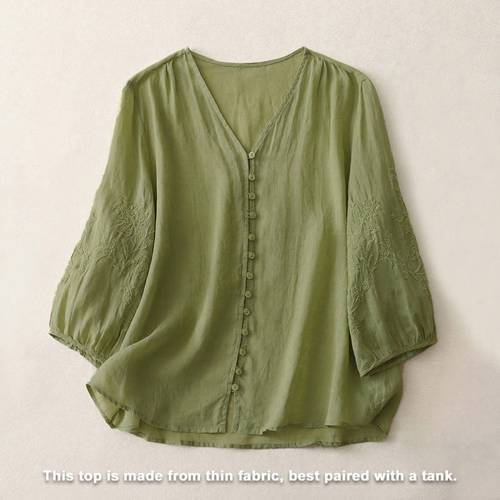 Buddha Stones刺繍入りボタンダウンレディースシャツ - image 1