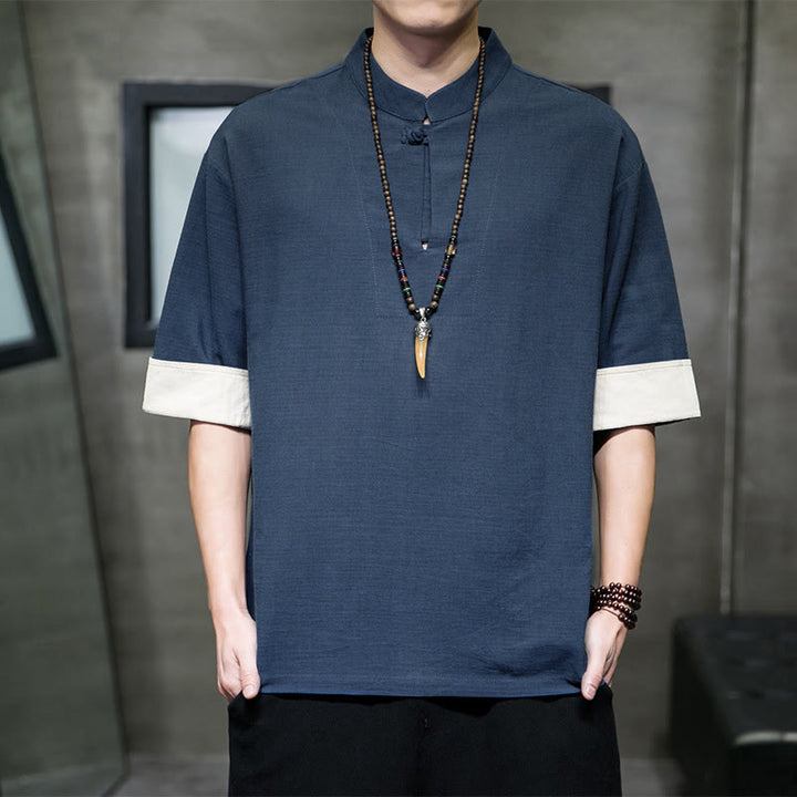 Buddha Stones 夏物 唐風 マンダリンカラー 無地 メンズ 半袖シャツ - スチールブルー - US/UK/AU46, EU56 （5XL） - image 0