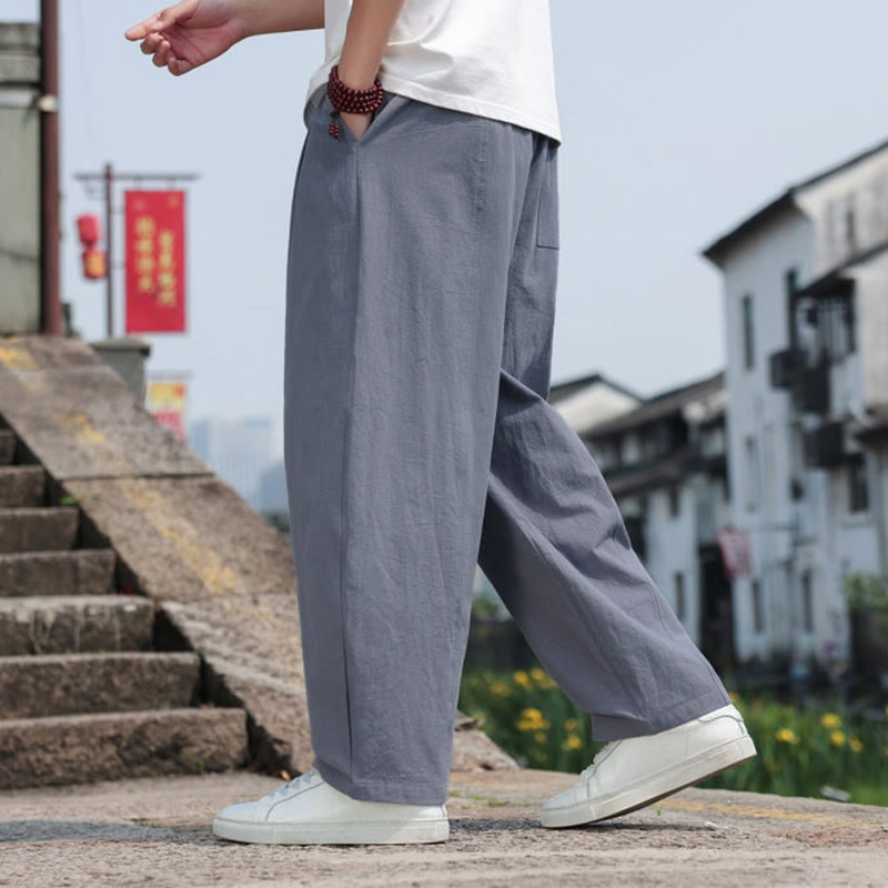 Buddha Stones 夏物カジュアルミニマリストドローストリング無地コットンロングパンツメンズハーレムパンツポケット付き - image 5