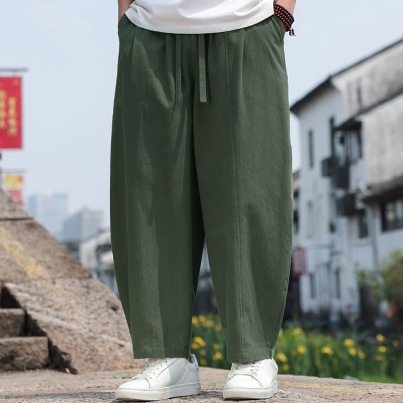 Buddha Stones 夏物カジュアルミニマリストドローストリング無地コットンロングパンツメンズハーレムパンツポケット付き - image 27