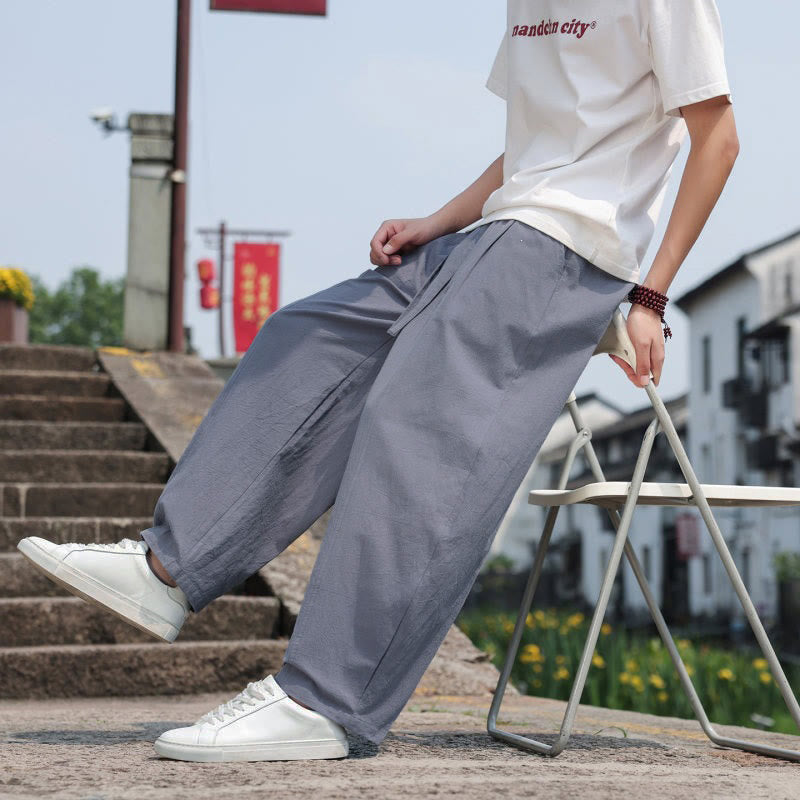Buddha Stones 夏物カジュアルミニマリストドローストリング無地コットンロングパンツメンズハーレムパンツポケット付き - image 8