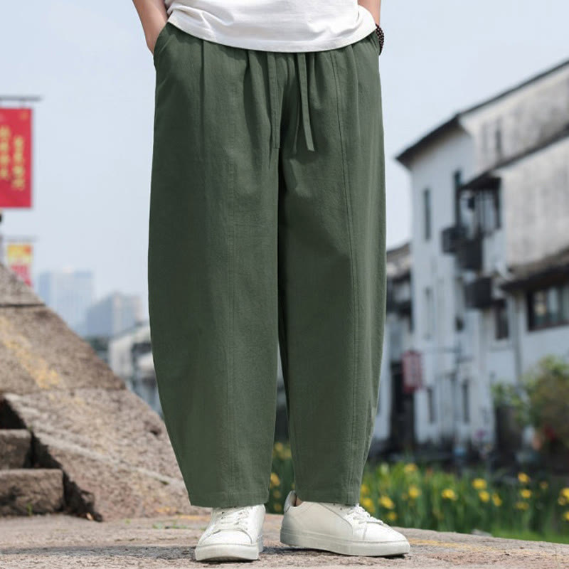 Buddha Stones 夏物カジュアルミニマリストドローストリング無地コットンロングパンツメンズハーレムパンツポケット付き - image 25