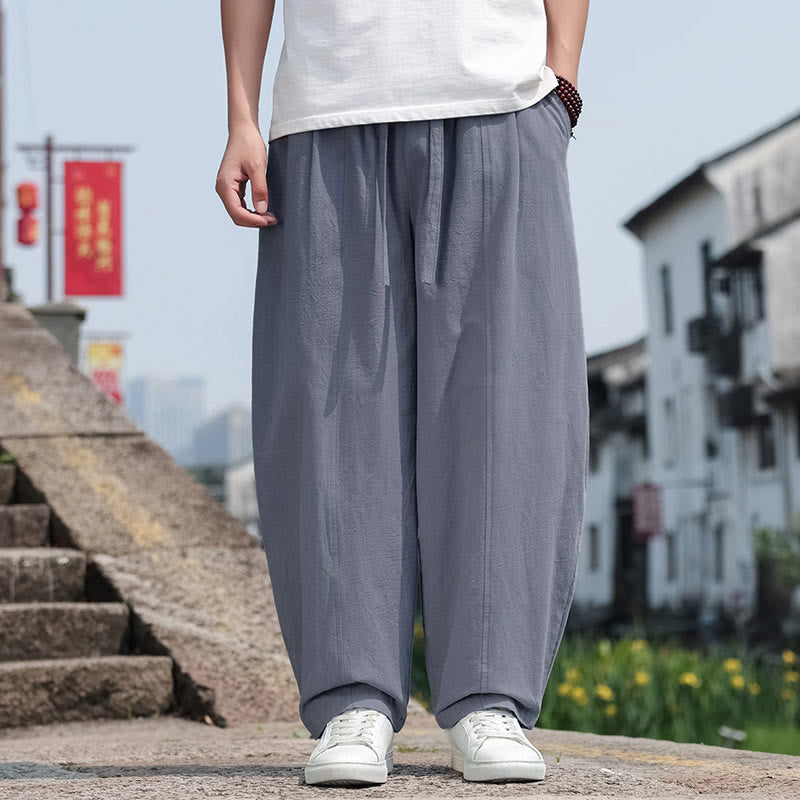 Buddha Stones 夏物カジュアルミニマリストドローストリング無地コットンロングパンツメンズハーレムパンツポケット付き - image 3