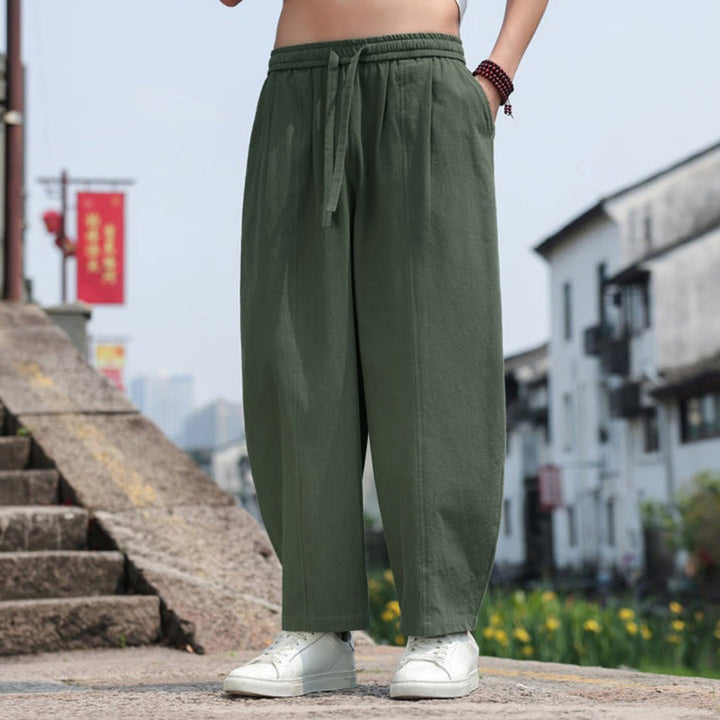 Buddha Stones 夏物カジュアルミニマリストドローストリング無地コットンロングパンツメンズハーレムパンツポケット付き - image 26