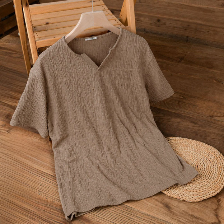 Buddha Stones 夏物カジュアルミニマリスト無地Vネックメンズ半袖Tシャツ - バーリーウッド - US/UK/AU42, EU52 （3XL） - image 5