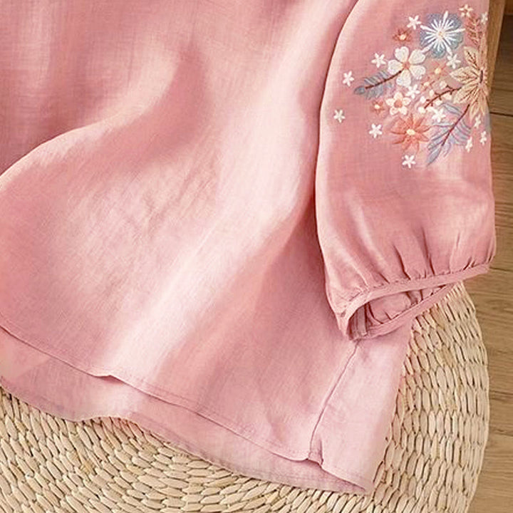 Buddha Stonesカジュアルフラワーリーフ刺繍入りレディースクルーネック七分袖Tシャツ - image 15