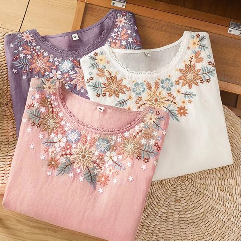 Buddha Stonesカジュアルフラワーリーフ刺繍入りレディースクルーネック七分袖Tシャツ - image 17