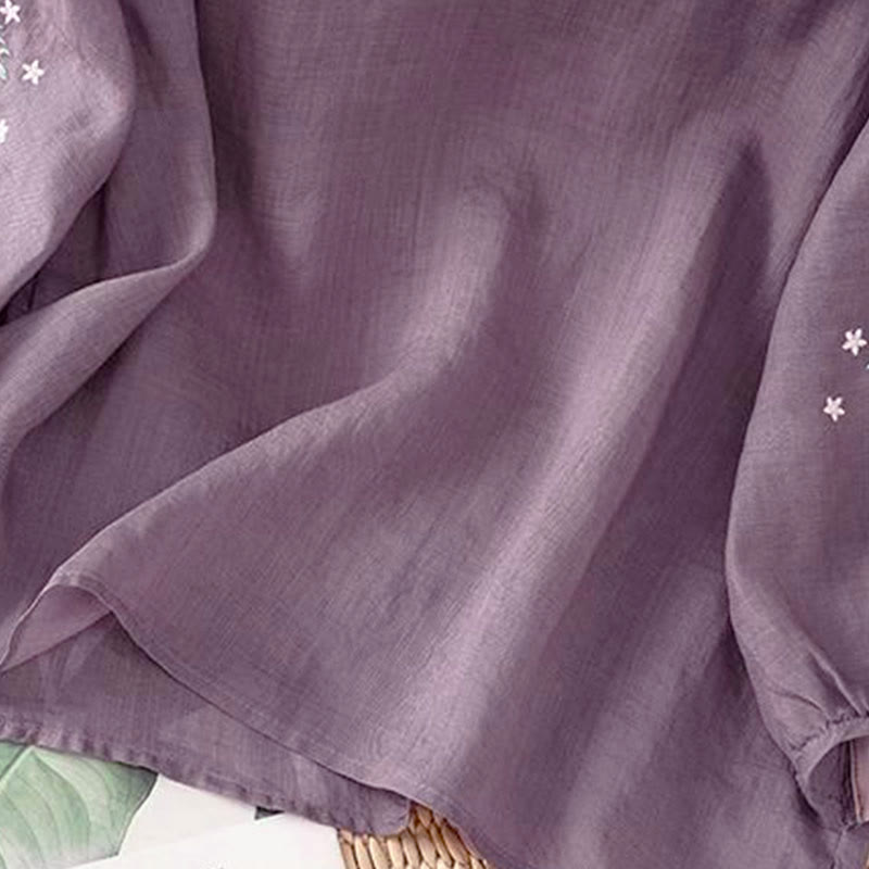 Buddha Stonesカジュアルフラワーリーフ刺繍入りレディースクルーネック七分袖Tシャツ - image 3