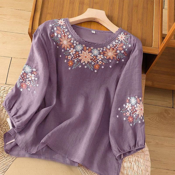 Buddha Stonesカジュアルフラワーリーフ刺繍入りレディースクルーネック七分袖Tシャツ - ミディアムパープル - US12、 UK/AU16、 EU44 (3XL) - image 0