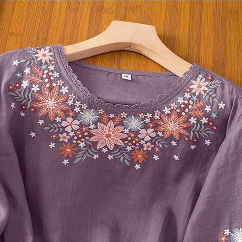 Buddha Stonesカジュアルフラワーリーフ刺繍入りレディースクルーネック七分袖Tシャツ - image 2