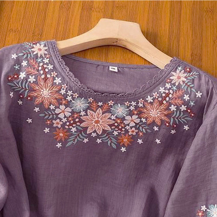Buddha Stonesカジュアルフラワーリーフ刺繍入りレディースクルーネック七分袖Tシャツ - image 2