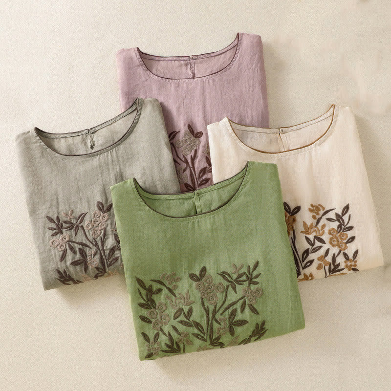 Buddha Stonesレトロ刺繍花柄七分袖レディースコットンTシャツ - image 32
