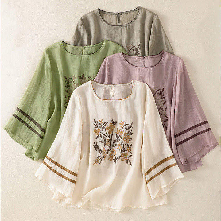 Buddha Stonesレトロ刺繍花柄七分袖レディースTシャツ - image 31