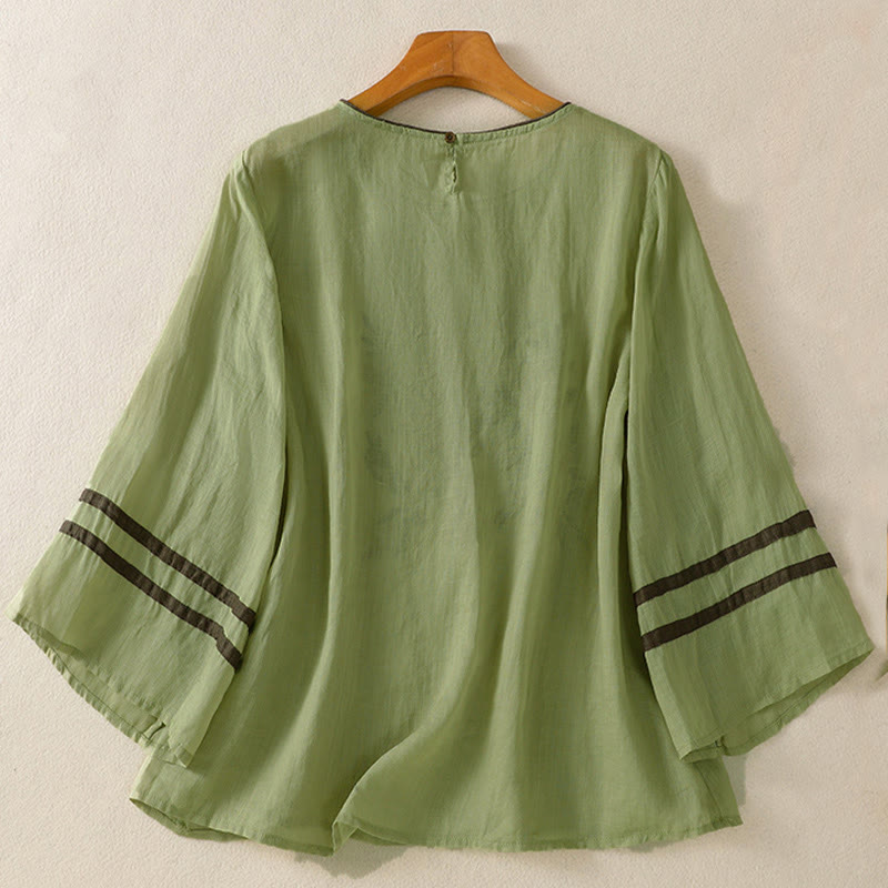 Buddha Stonesレトロ刺繍花柄七分袖レディースTシャツ - image 17