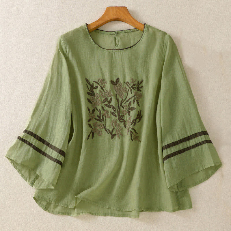 Buddha Stonesレトロ刺繍花柄七分袖レディースTシャツ - ライトグリーン - US14、 UK/AU18、 EU46 (2XL) - image 16