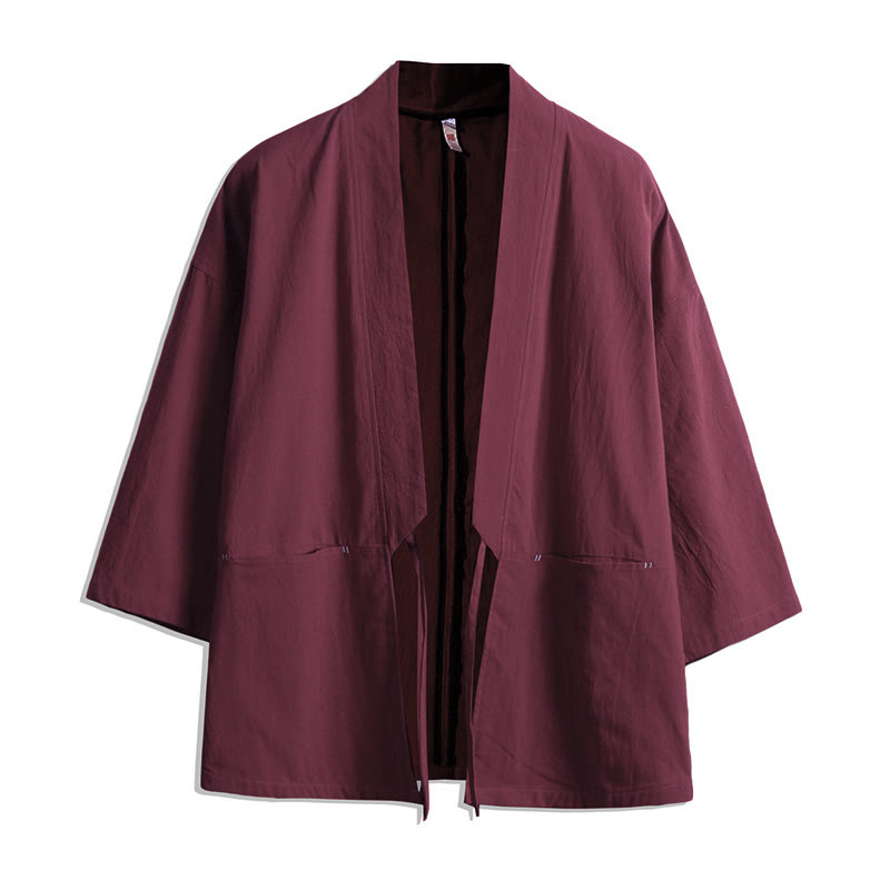 Buddha Stones無地 レースアップ 七分袖 オープンフロント ジャケット メンズ 着物 - インディアンレッド - US/UK/AU48、 EU58(5XL) - image 6