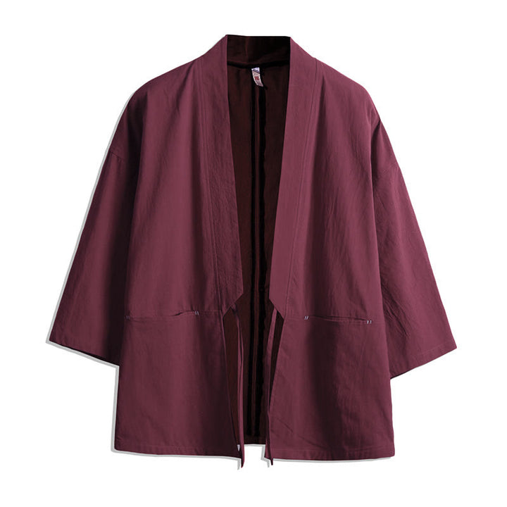 Buddha Stones無地 レースアップ 七分袖 オープンフロント ジャケット メンズ 着物 - インディアンレッド - US/UK/AU48、 EU58(5XL) - image 6