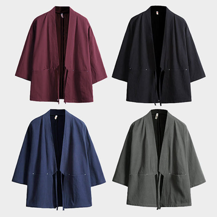 Buddha Stones無地 レースアップ 七分袖 オープンフロント ジャケット メンズ 着物 - image 16